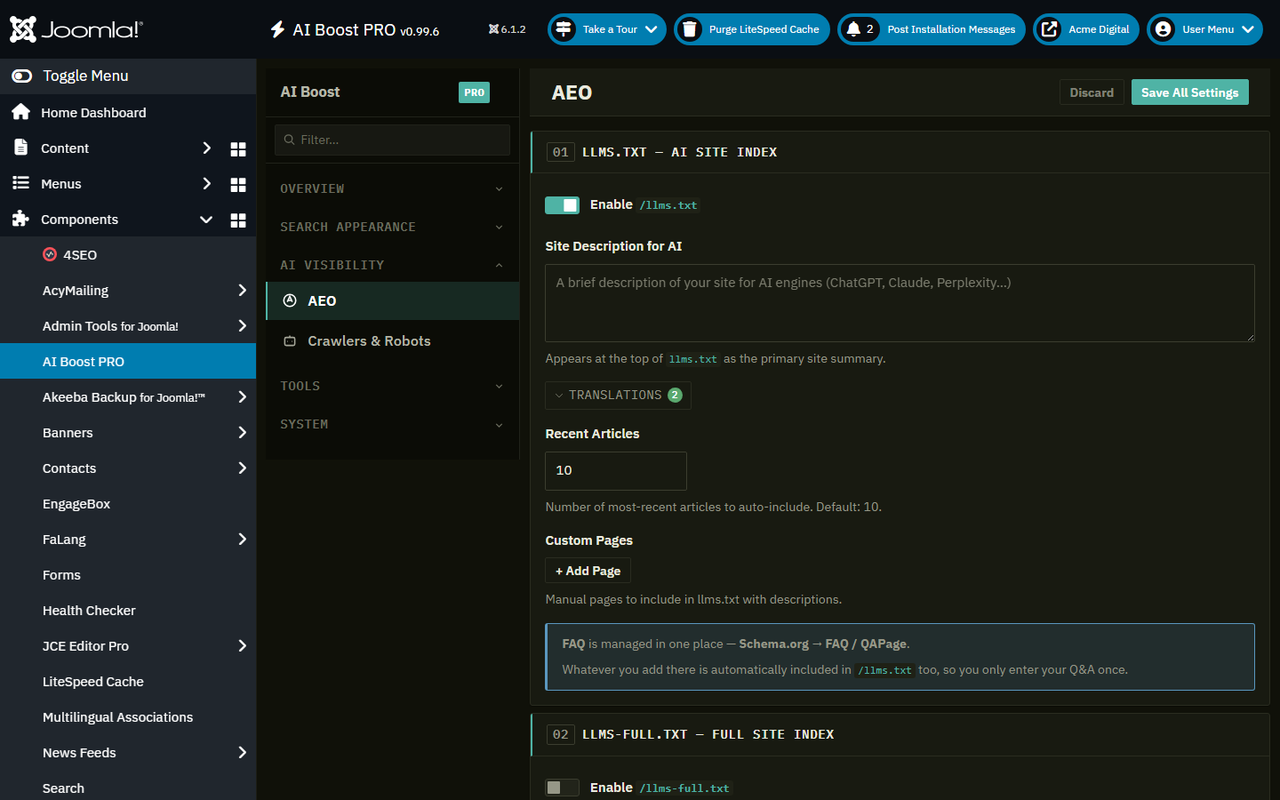 The AEO settings tab controlling llms.txt and AI-search signals