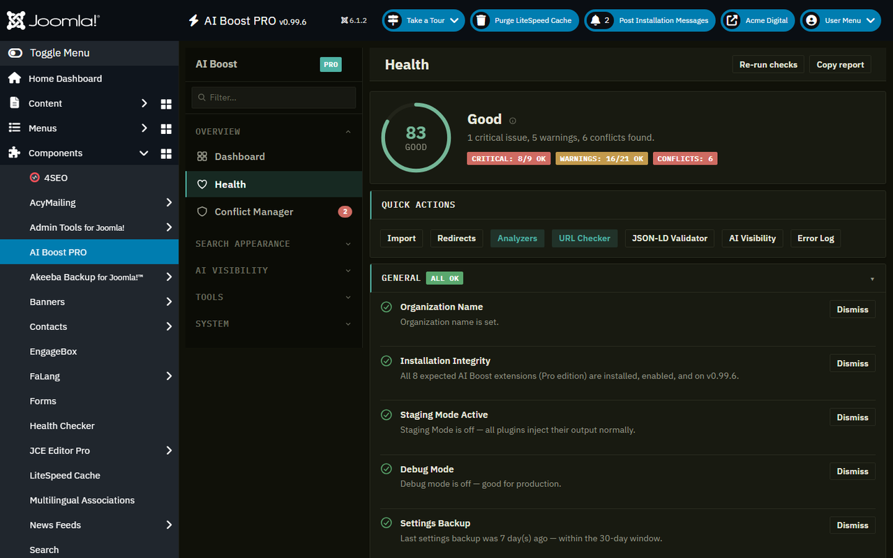 The AI Boost Health screen with an overall score and one-click fix-it checks