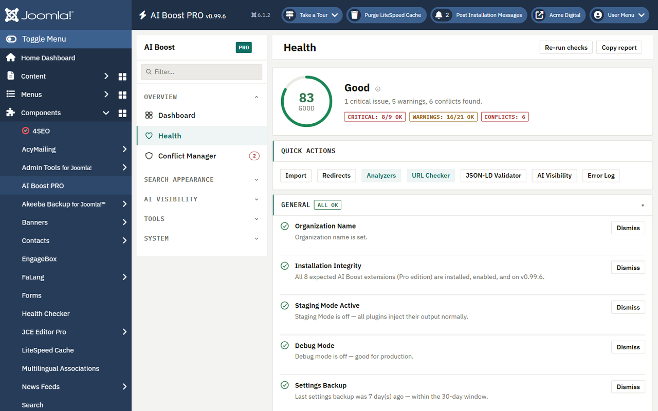 The AI Boost Health screen with an overall score and one-click fix-it checks