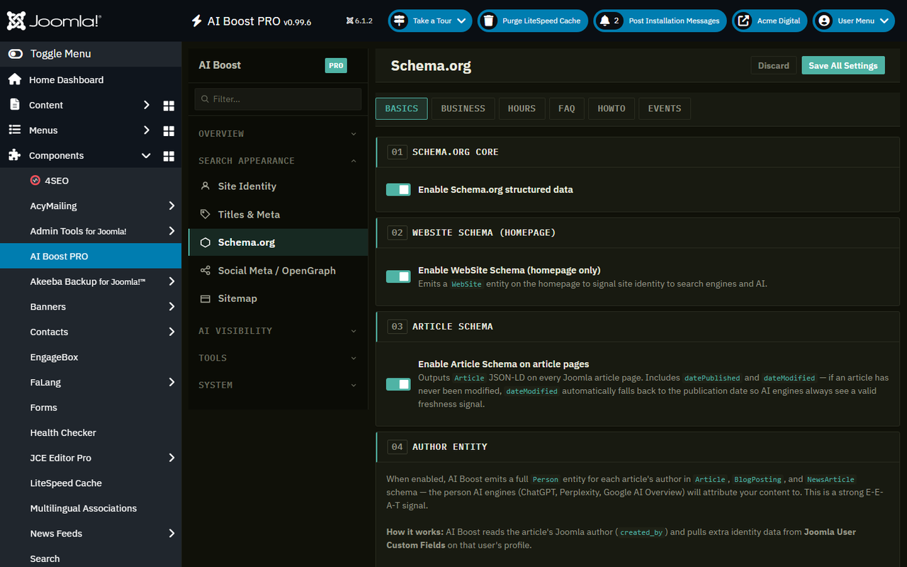 The Schema.org settings tab with the master toggle and schema type selection