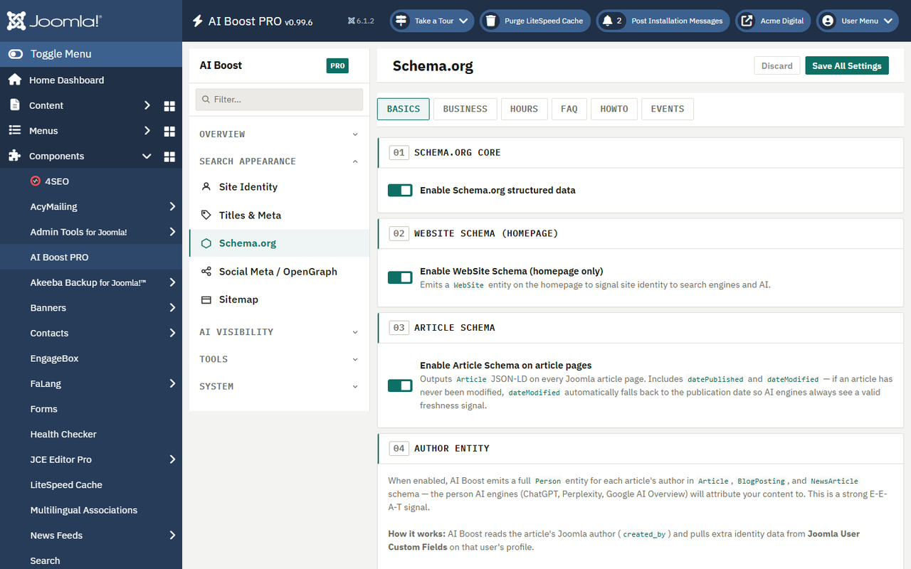 The Schema.org settings tab with the master toggle and schema type selection
